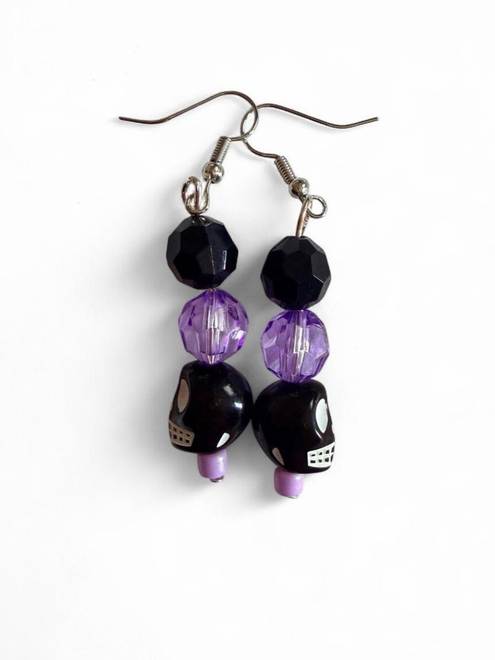 Handmade Black Skull Dangle Earrings Faceted Purple Beads Goth Halloween